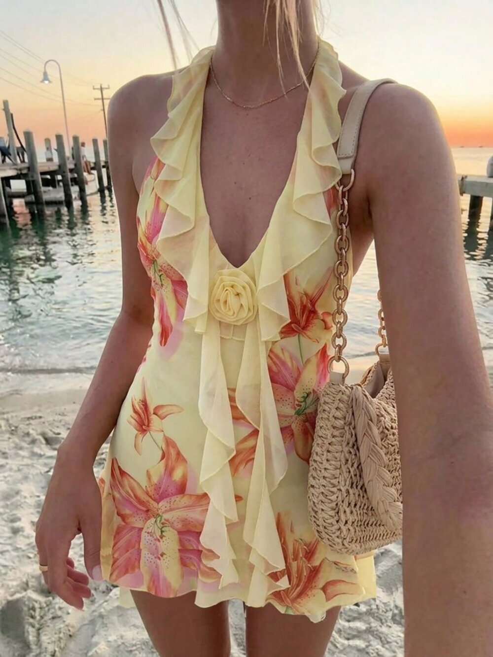 yellow Boho Women's Ruffled V-Neck Floral Mini A-Line Dress with Tie-Back - Picture 3 of 5